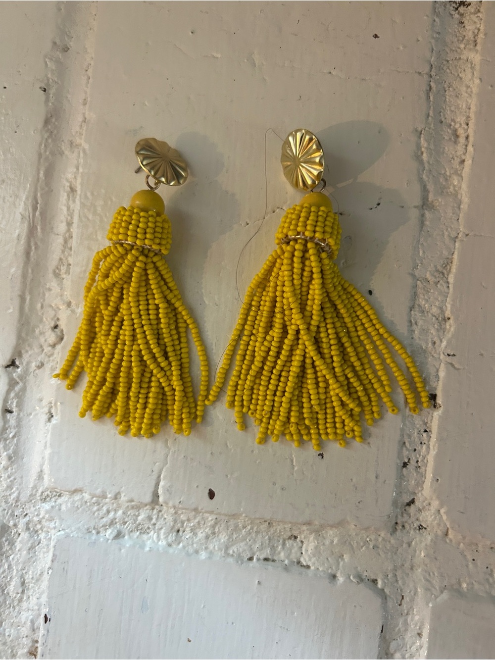 Bold Yellow Beaded Tassel Earrings with Gold-Tone Studs